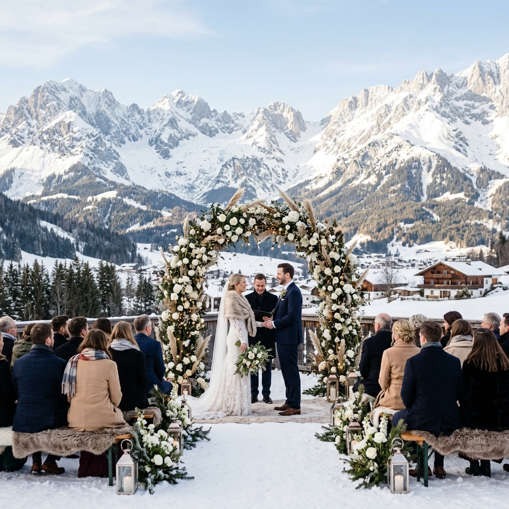 A winter wonderland wedding setting in the Austrian Alps with snow-capped peaks.